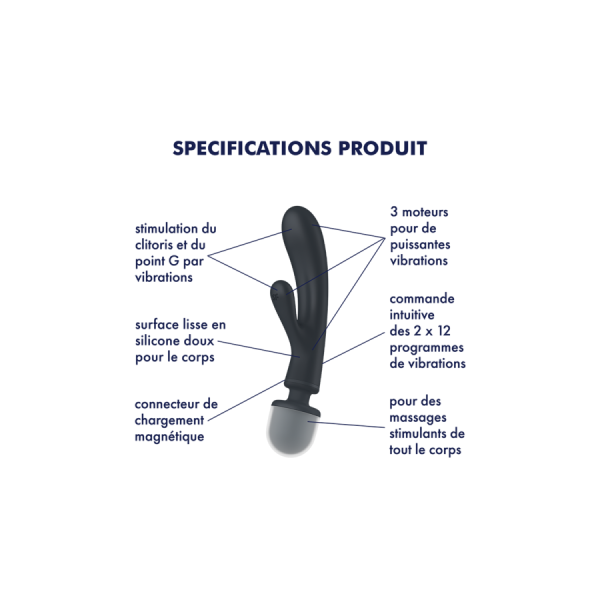 2 en 1 Vibromasseur rabbit et wand noir USB Triple Lover Satisfyer 